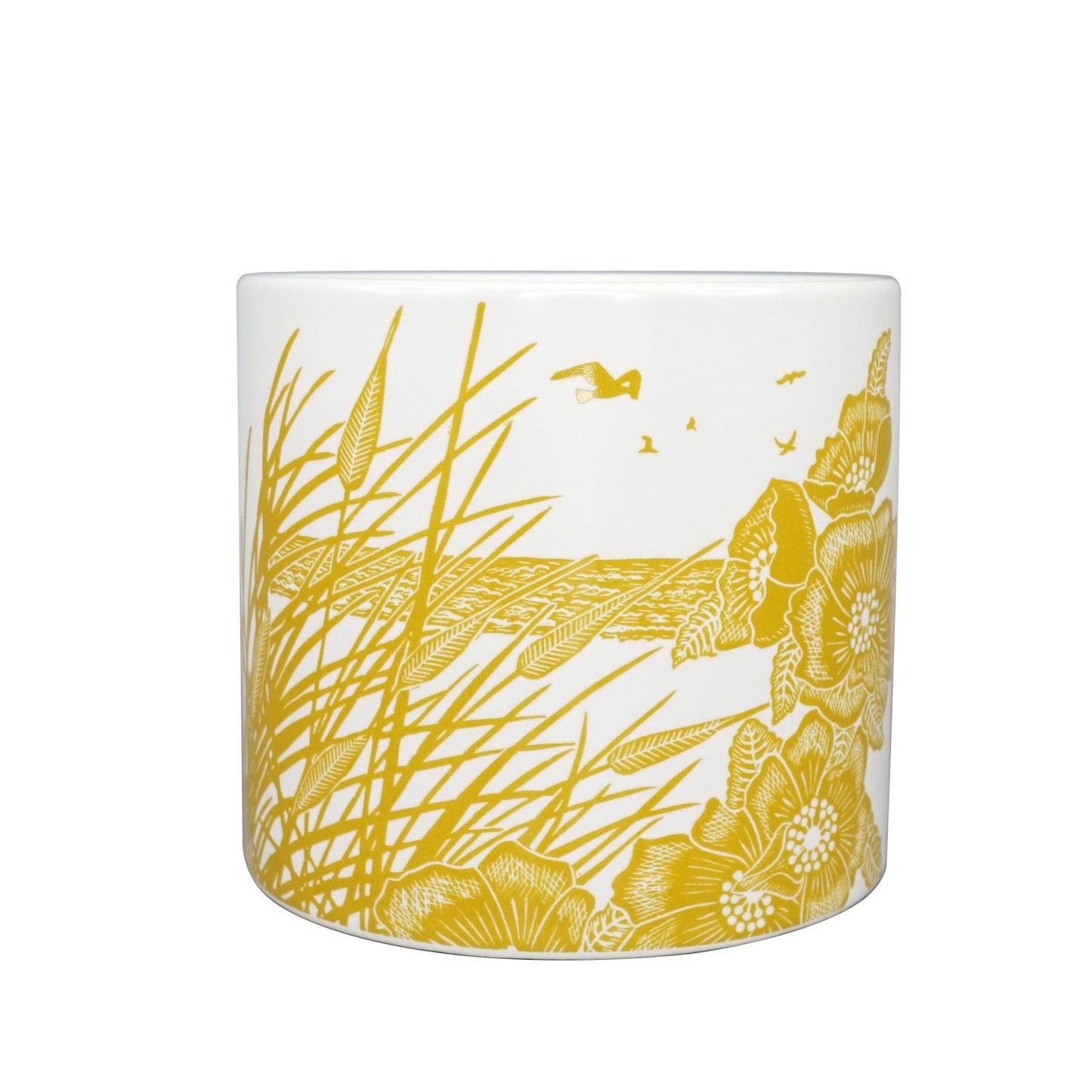 Ceramic Plant Pot Reeds Birds Mustard Yellow