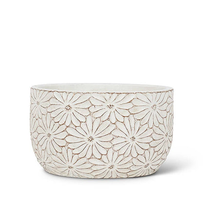 Sm Wht Daisy Low Round Planter-4"H